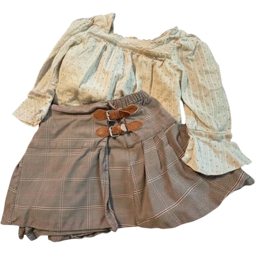 Baby Gap Toddler Girls Blouse and Plaid Skirt Set 3T Cream Brown 2 Piece Outfit